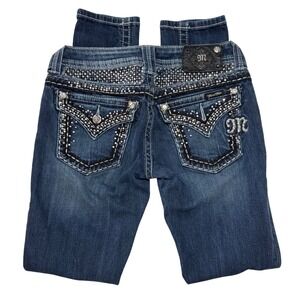 Miss Me Embellished Rhinestone Jeans Dark Wash Low Rise Skinny Y2K McBling Sz 27